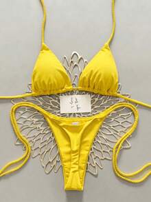 Swim Vcay 2件組女款白色比基尼泳衣套裝，附手工編織繩飾 - 黃色 - 查看 1