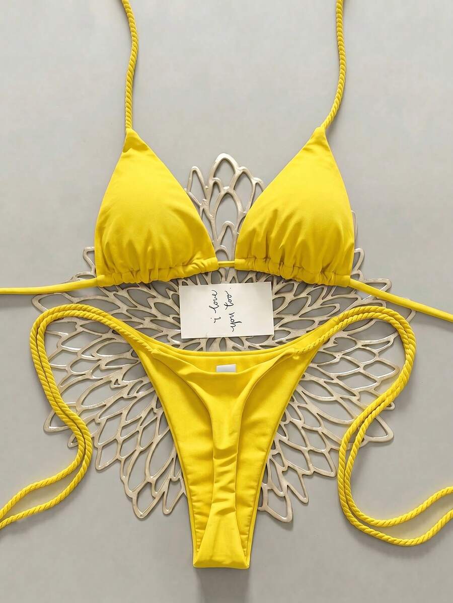 Swim Vcay 2件組女款白色比基尼泳衣套裝,附手工編織繩飾 - 黃色 - 查看 1
