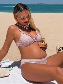 SHEIN 26SS Summer Beach Vacation Yellow Ruffle Textured Fabric Maternity Swimsuit Set - Multicolor - View 4
