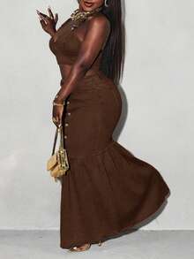Slaydiva Plus Size Front Button Fishtail Extra Long Denim Skirt - Mocha Brown - View 8
