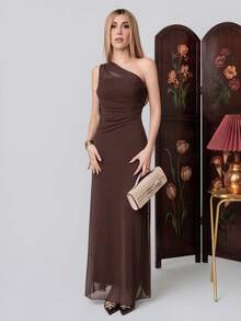 PRISCILA ESCOTO PRISCILA ESCOTO 女士优雅浪漫时尚通勤性感优雅风格不对称肩部紧身长裙，适合派对、海滩度假、返校、浪漫约会、婚礼季、生日、复活节、春夏季 - 咖啡棕 - 查看 4