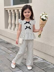 SHEIN Elladie kids 少女新款清新田園風細緻波點兩件套 粉色蝴蝶結裝飾無袖背心 + 粉色紋理布料寬腿長褲 甜美可愛時尚休閒夏季穿搭 - 黑與白 - 查看 2