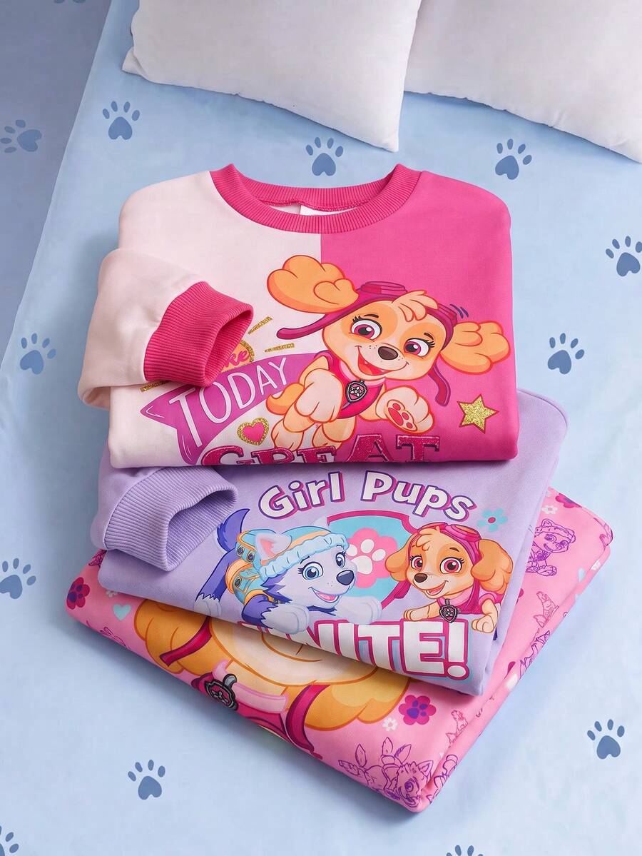 SHEIN | PAW Patrol 女童圓領字母卡通圖案長袖運動衫 3 件套,適合日常、上學、旅行等多種場合 - 彩色 - 查看 1