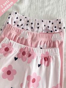 3 Sets Randomly Send 2 Sets Spring Summer Squishy Girls Toddler Outfit Fresh Cute Polka Dot Heart Flower Print Tight Comfortable Short Sleeve Long Pants Loungewear - Orange - View 5