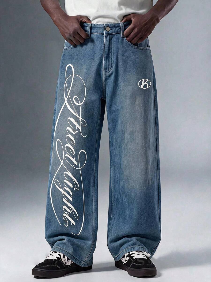 Salvezio Men's Loose Straight Leg Denim Jeans With Denim Effect Texture, American Vintage Cursive Typography Print, Twill Fabric, Standard Size - Royal Blue - View 1
