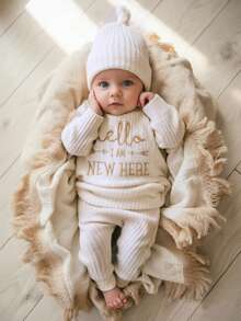 SHEIN HELLO 字母刺绣新生儿摄影服装 - 男婴/女婴上衣、裤子、帽子 3 件套，1 个月至 100 天大工作室摄影道具 - 白色 - 查看 8
