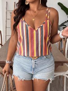 SHEIN VCAY Plus Size Summer Color Block Striped Casual Boho Tank Top Beach Bussines Yellow - Multicolor - View 5