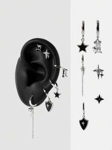 MortiRose Silver Sweet And Cool Girl Wind Star Love Six-Piece Set Of Earrings Chain Fringed Earrings Daily Versatile Niche Design Stud Earrings - Silver - View 20