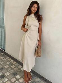 Siren Gaze Luxury Office Dinner Date Birthday Party Siren Asymmetric Midi Dress Women Elegant Minimalist Pleated Mock Neck Sleeveless Draped Summer Beige - Apricot - View 3