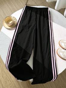 SHEIN 青少年女孩黑色與粉色側條紋彈性腰寬鬆休閒街頭風運動長褲，適合學校秋季穿著 - 黑色 - 查看 2