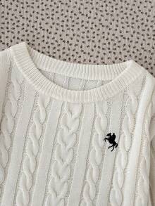 Girlism 兒童青少年女孩針織毛衣 秋冬新款休閒日常 小Logo刺繡露肩毛衣 學院風 返校季 白色上衣 - 白色 - 查看 6