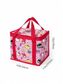 HELLO KITTY AND FRIENDS | SHEIN Cute Multi-Character Print Large Capacity Insulated Lunch Bag With Red Trim, Portable Cooler Tote For Picnic, School & Daily Use - Pink and red. - View 6