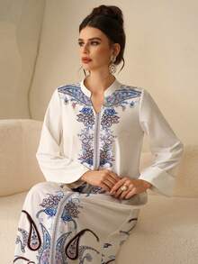 Al Najma Women's Elegant Modest Matching White Printed Dress With Small Stand Collar Shallow V-Neckline Foldable Cuffs Large Hem Floral Pattern Formal Winter - White - View 5