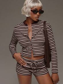 Normani Women's Fashion Striped Button Long Sleeve Top And Drawstring Waist Shorts 2 Pieces Set - Chocolate Brown - View 5
