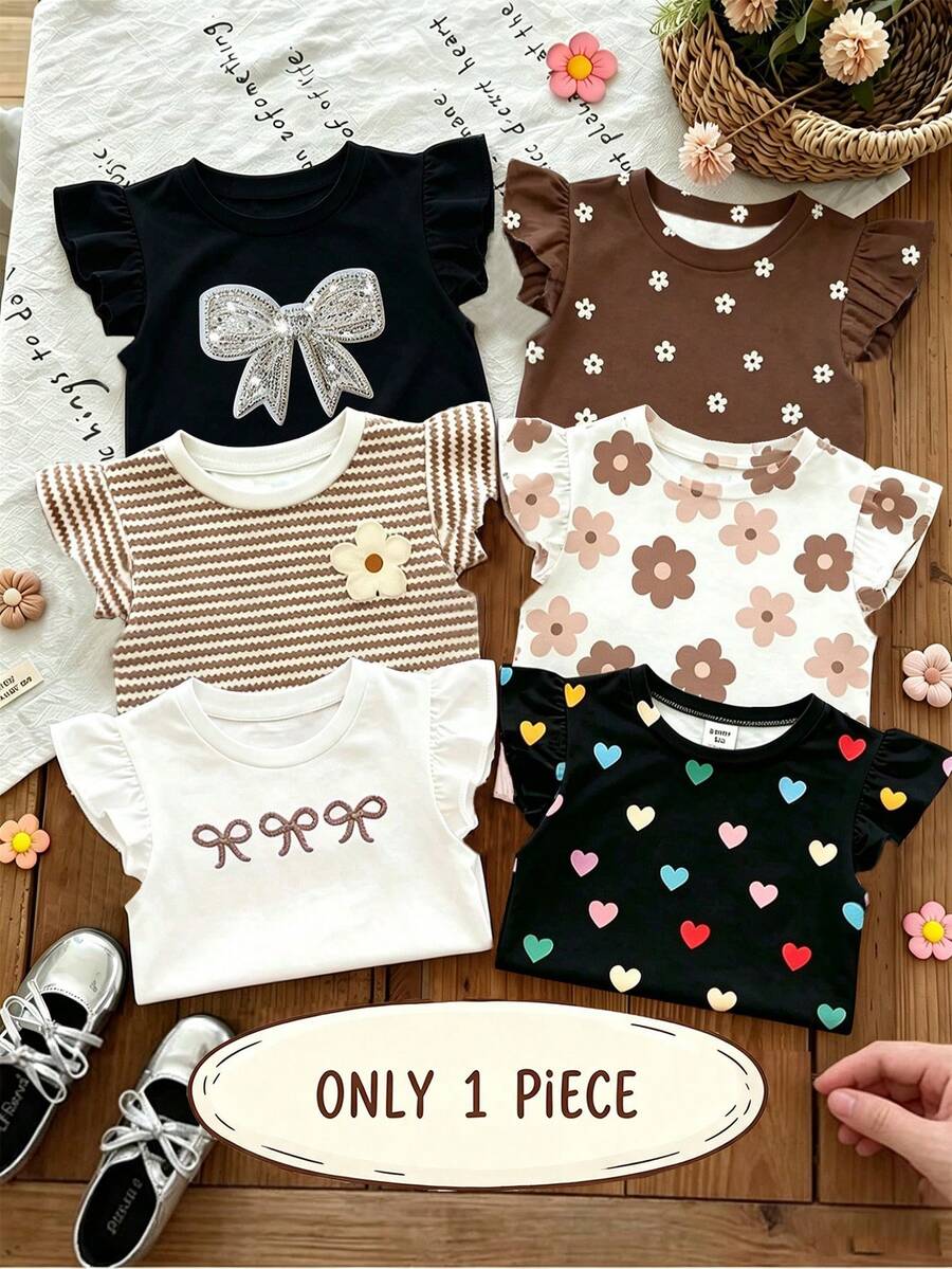 SHEIN Vintaside Kids 1 Pc Random, Colorful Small Hearts, Gentle Khaki Stripes, 3D Bow Pattern, Young Girl Casual Simple Versatile Round Neck Cap Sleeve T-Shirt, Suitable For Spring/Summer Daily Wear, Travel, Vacation - Multicolor - View 1