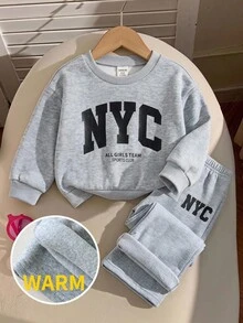SHEIN Baby Girl Letter Print Sweatshirt And Sweatpants Set - Light Grey - View 8