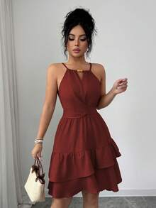 Elenzga Women's Spring/Summer Elegant Khaki Beaded Bow Tie Sleeveless Fitted Flared Mini Dress - Burnt Orange - View 3