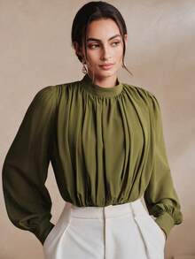 Anewsta Essential Women's New Long Sleeve Elegant Green Round Neck Bodysuit, Army Green Women's Clothing, Vacation Outfit - Army Green - View 6