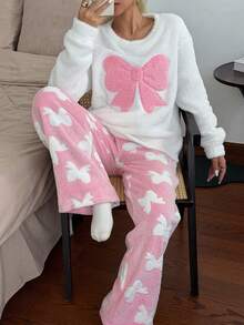 Napfluff Women's Sweet Cute Embroidered Bow Round Neck Long Sleeve Long Pants Pajama Set 2pcs - Pink - View 2