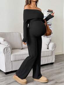SHEIN Maternity Solid Color Vacation Cold Shoulder Flared Leg Jumpsuit Fall Fall/Winter Casual Women's Gym Clothes - Black - View 5