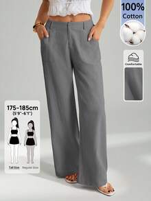 SHEIN Tall 100%水洗棉低腰直筒長褲，適合高個女性 - 灰色 - 查看 5