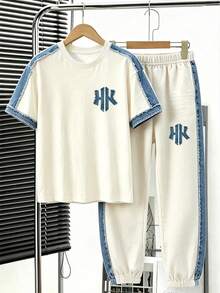 SHEIN 青少年男孩字母印花拼色側邊拼接T恤與短褲套裝 夏季返校街頭風休閒短褲套裝 - 彩色 - 查看 3