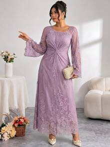 Modelyn Große Größen französisches elegantes Spitzenkleid mit Knoten vorne und Raffung für Abendparty und Geburtstag - Altrosa - Übersicht 6