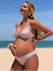 SHEIN 26SS Summer Beach Vacation Yellow Ruffle Textured Fabric Maternity Swimsuit Set - Multicolor - View 5