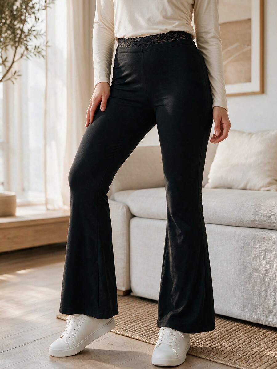 EMERY ROSE Women's Plus Size Lace Patchwork Waistband Leggings Black Fall Birthday Home High-Elastic Flared Trousers Formal Vacation Cargo Elegant