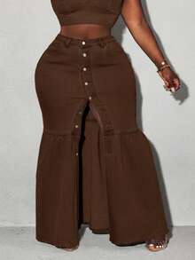 Slaydiva Plus Size Front Button Fishtail Extra Long Denim Skirt - Mocha Brown - View 9