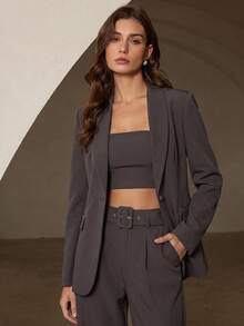 Women's Solid Color Elegant Style Blazer 2-Piece Set - Dark Grey - View 5