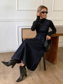 DAZY Women's Casual Denim Pinafore Dress Fall - Dark Wash - View 6