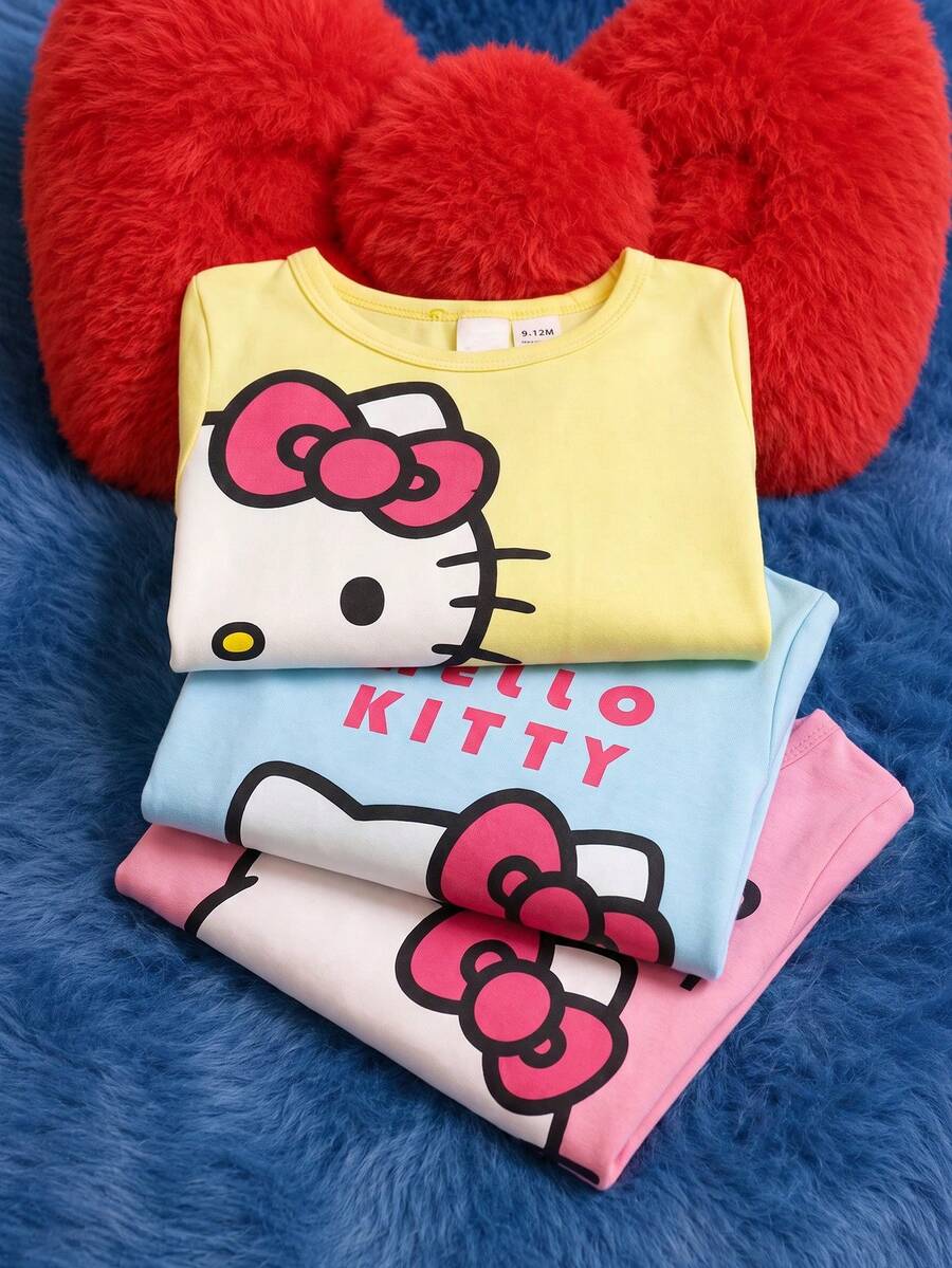 HELLO KITTY AND FRIENDS | SHEIN 女嬰可愛短袖蝴蝶結卡通印花圓領寬鬆上衣3件套,適合外出、購物、日常穿著,春夏季適用 - 彩色 - 查看 1