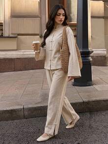 Elenzga Off-White Washed Textured Linen Chinese Style Stand Collar Frog Button Top & Wide Leg Pants Set, Zen Chinese Style Daily Commute & Tea Party Outfit - Apricot - View 4