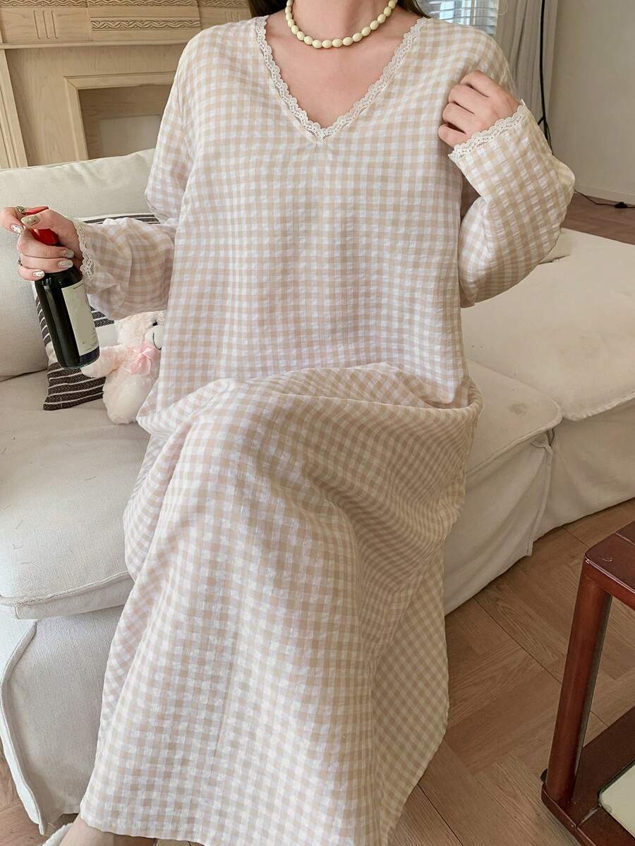 Dazy Plus Vestido de Casa Longo Solto com Decote em V Xadrez na Moda, Camisola para Primavera, Verão e Outono - Damasco - Visão 1