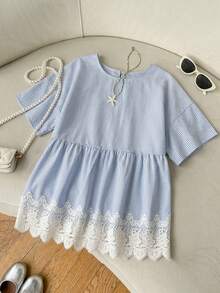 SHEIN EZwear 女款藍色圓領蘑菇鈕扣藍白條紋拼接白色蕾絲飾邊休閒優雅時尚襯衫 - 藍色 - 查看 6
