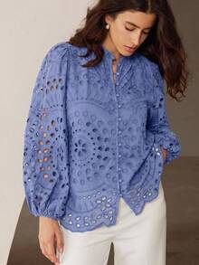 Frievida Autumn New French Style Premium Casual Heavy Embroidery Hollow Out Ruched Puff Long Sleeve Blouse - Baby Blue - View 3