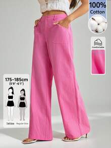 SHEIN Tall 100%水洗棉低腰直筒工裝褲，適合高個女性 - 玫紅色 - 查看 6
