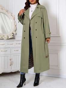 SHEIN Clasi Plus Size Fashion Elegant Double-Breasted Pocket Long Sleeve Trench Coat - Mint Green - View 4