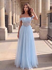 Poshira Women's Off-Shoulder Cinched Waist Elegant Ball Gown Dress (Intricate Design) - Blue - View 1