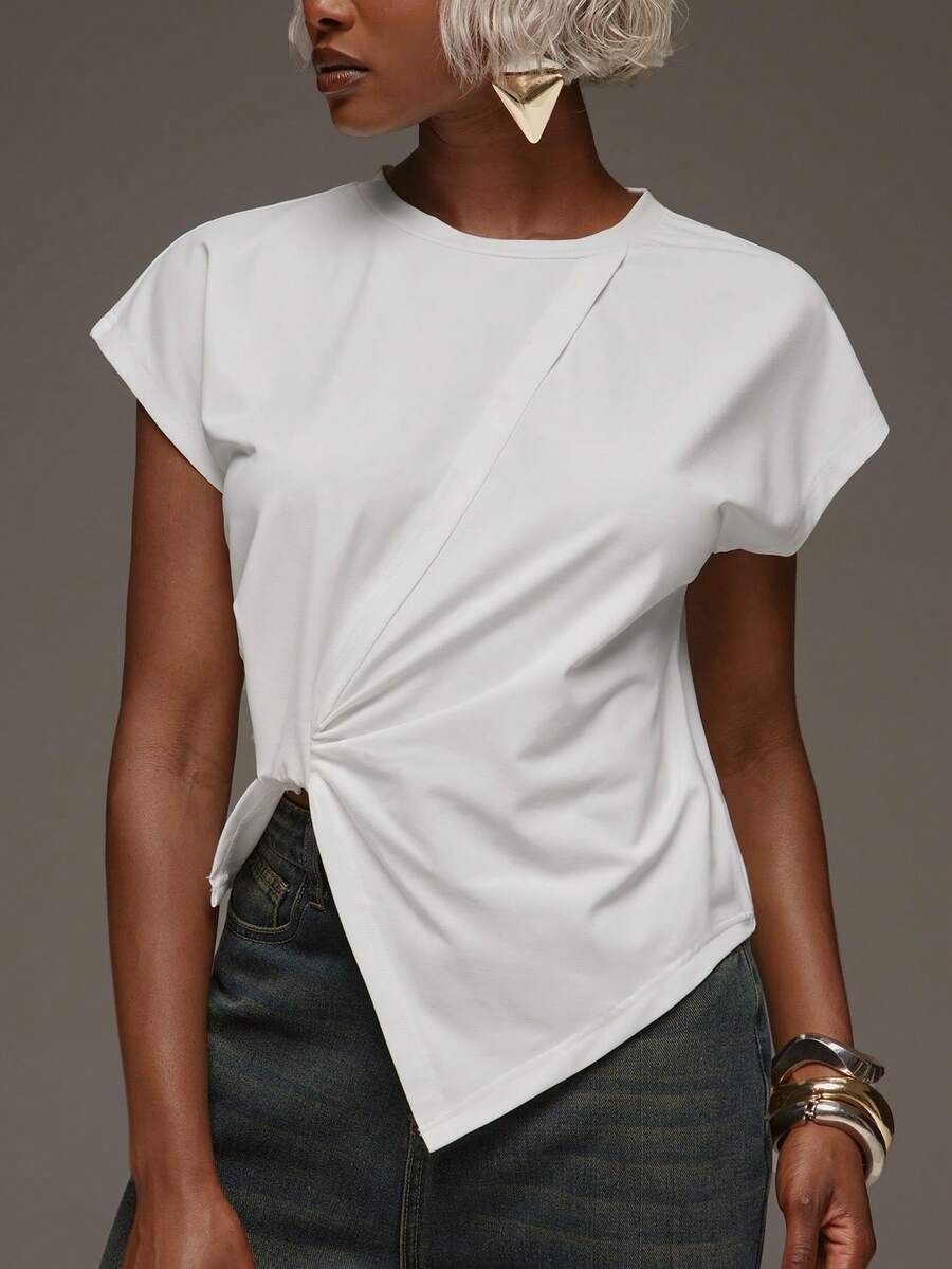 Normani Women's Solid Color Round Neck Short Sleeve Side Slit Asymmetric Hem T-Shirt - White - View 1