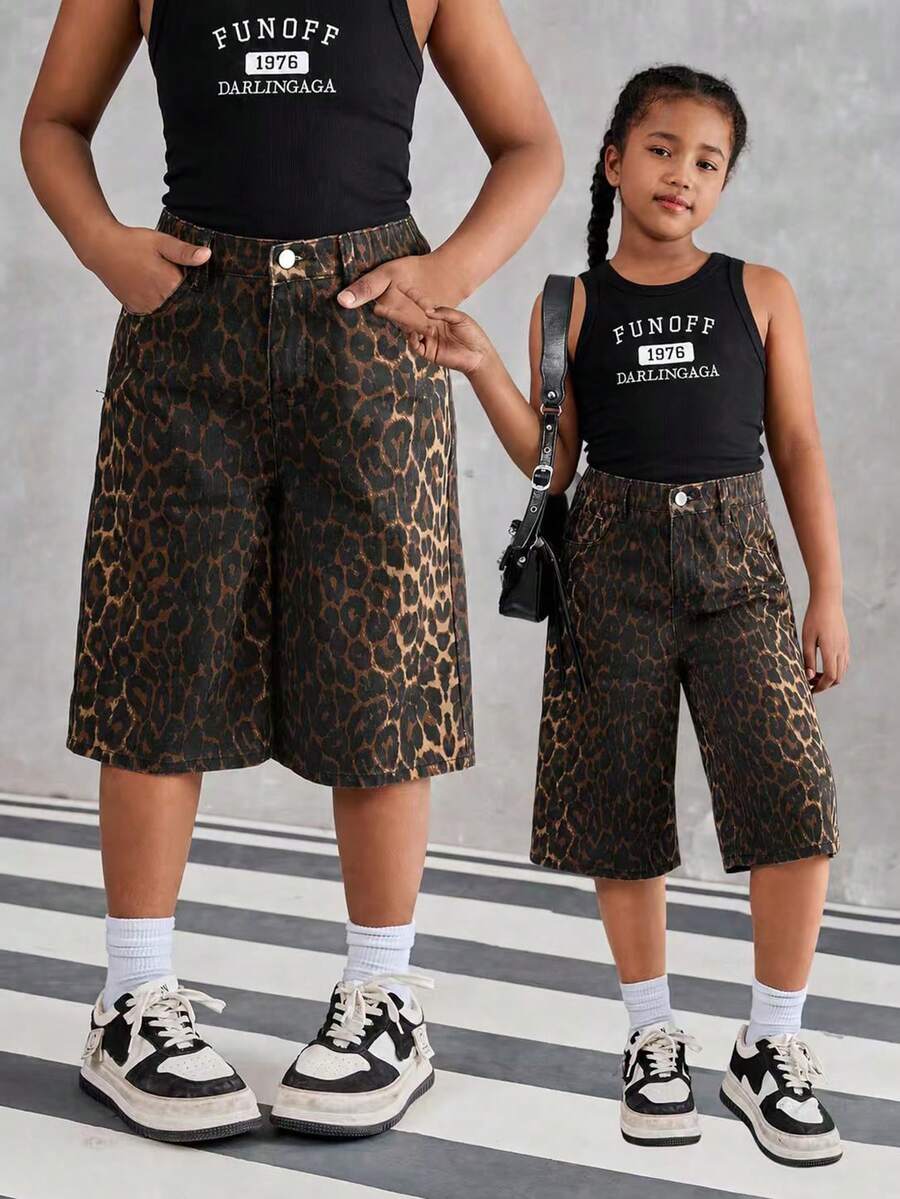 SHEIN Explorewe Tween Girl 新款夏季街头风复古豹纹宽松直筒阔腿七分裤 - 彩色 - 查看 1