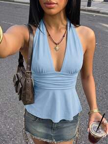 SHEIN ICON Halloween Women's Halter Backless Black Babydoll Tank Top,Summer Top - Baby Blue - View 3
