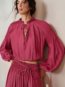 Frievida European & American Style Spring/Summer New Fashion Versatile Elegant Commute Pleated Sleeve Elastic Cuffs Heavy Workmanship Special Fabric Long Sleeve Shirt - Hot Pink - View 3