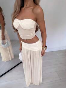 TRNVIE Sexy Minimalist Sexy Elegant Soft Feminine Young Lady Mesh Semi-Sheer Top With Side Waist Ruched Slimming Low Waist Full Skirt Flowy Dress Spring Summer Beach Vacation Afternoon Tea Date Candlelight Dinner Gentle Creamy Apricot Women's 2-Piece Set - Apricot - View 3