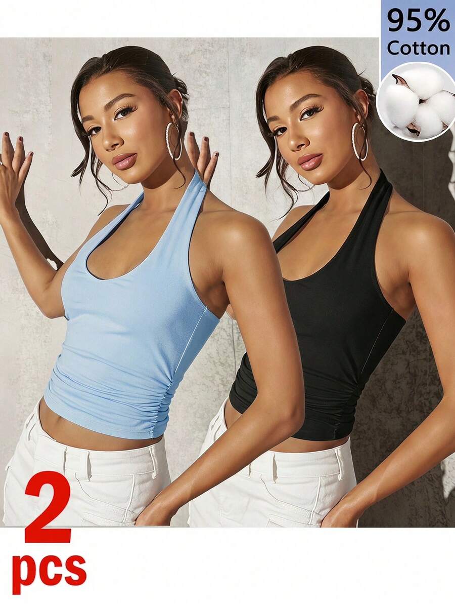 SHEIN BAE 女款 2 件組 95% 棉掛脖背心上衣，黑色與天藍色，適合夏季 - 彩色 - 查看 1