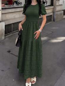 SHEIN Puff Sleeve Shirred Ruffle Hem Dress Maxi Women Outfit - Army Green - View 3
