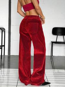 Jeanoix Women's Casual Streetwear Versatile Daily Wear  Flocked Denim Long Pants With Pockets Work Going Out Dark Red Summer - Red - View 2
