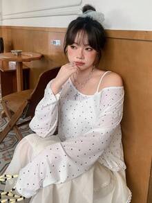 Dazy Plus White Polka Dot Crew Neck Long Sleeve Loose Fit Pullover Casual T-Shirt For Girls, Spring Summer Autumn Cute Tops Brunch Morning Fall - White - View 2