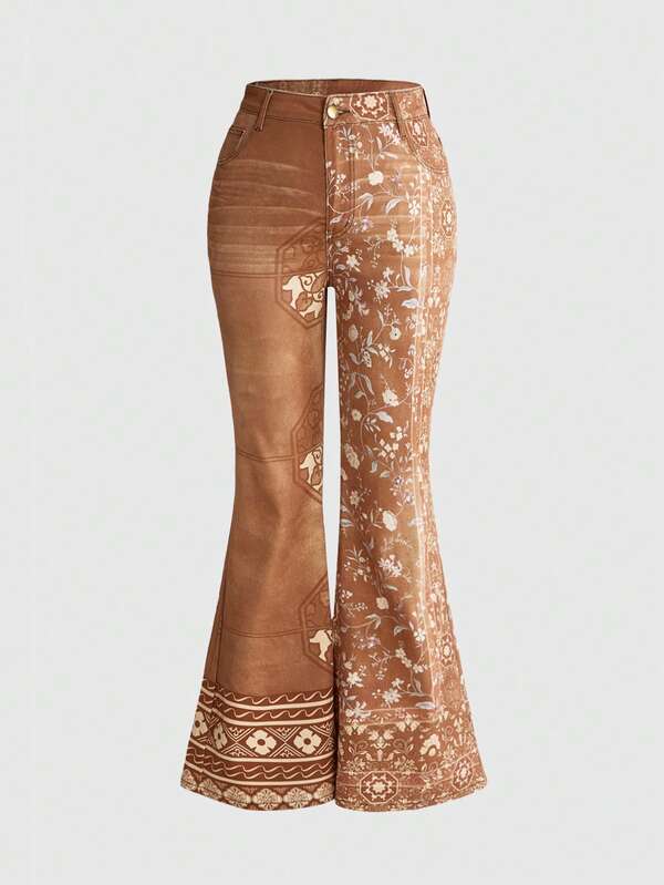 ROMWE Grunge Punk Jeans acampanados de mezclilla de talla grande con patrón de bloques de color estilo hippie retro sexy de cintura ultra baja